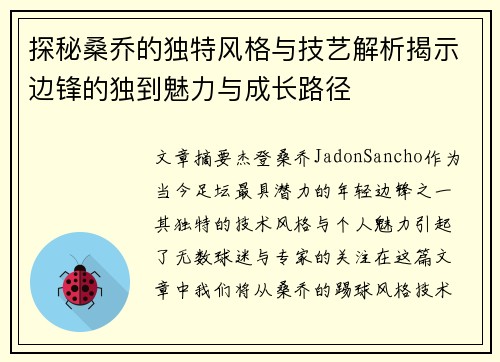 探秘桑乔的独特风格与技艺解析揭示边锋的独到魅力与成长路径